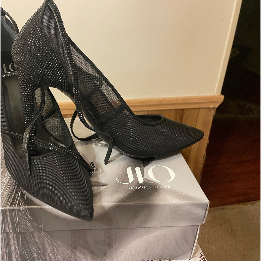 JLO Jennifer Lopez black high shoes with rhinestones